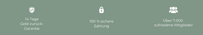 Banner: Geld zurück Garantie, Sichere Zahlung, Zufriedene Teilnehmer