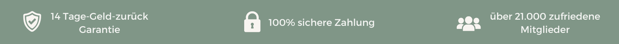 Banner: Geld zurück Garantie, Sichere Zahlung, Einmalzahlung, kein Ako