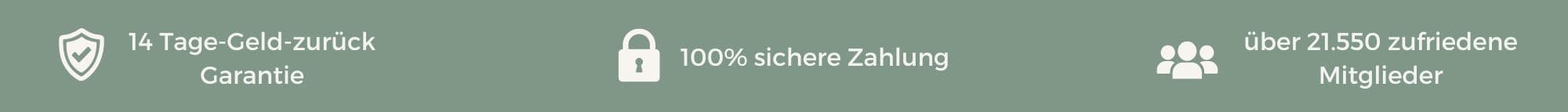 Banner: Geld zurück Garantie, Sichere Zahlung, Einmalzahlung, kein Ako