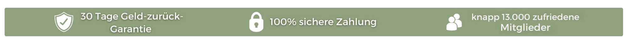 Banner: Geld zurück Garantie, Sichere Zahlung, Einmalzahlung, kein Ako